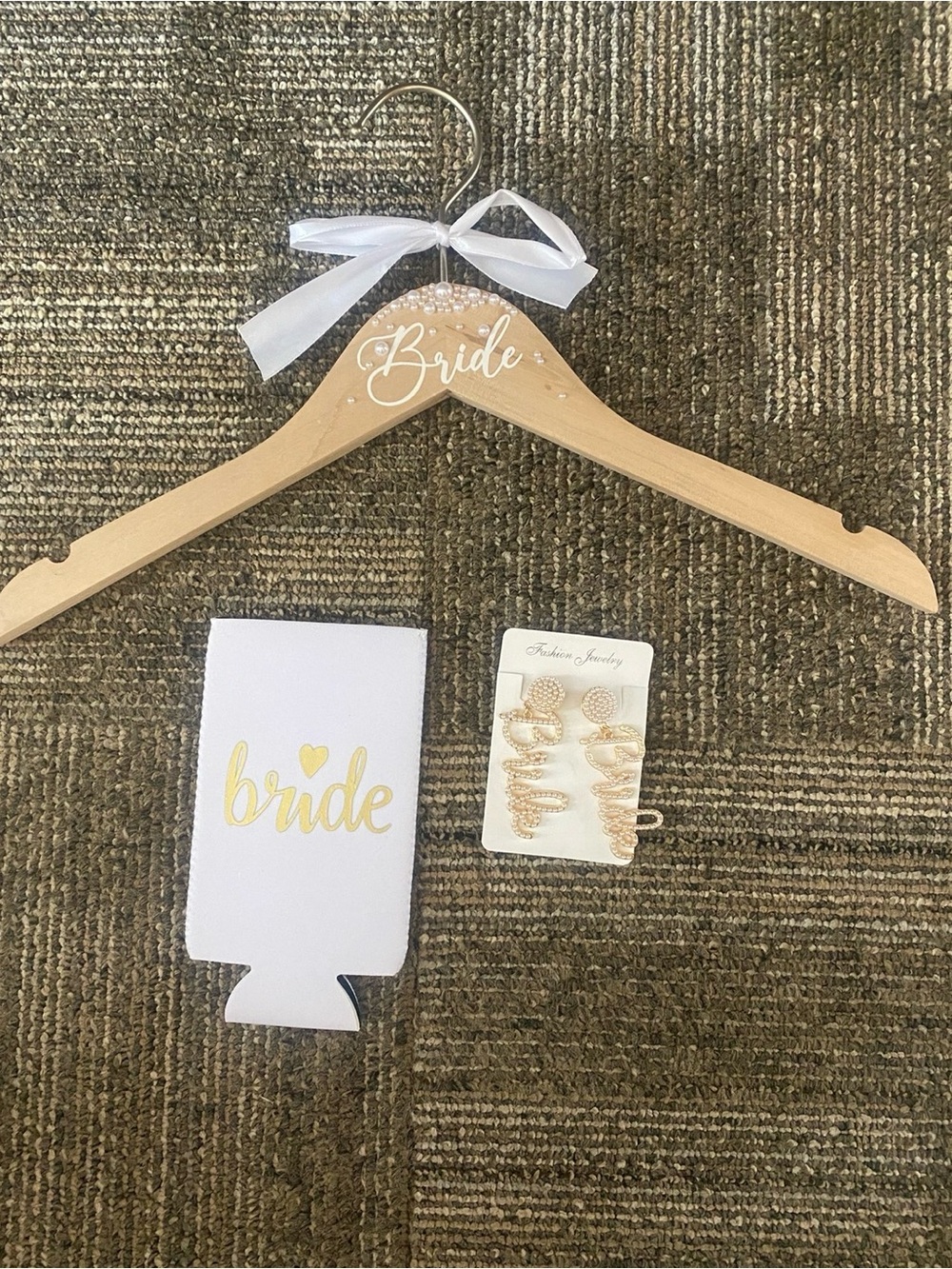 Wooden 'Bride' Hanger, Can Koozie, Rhinestone Bride Earrings - Bundle!